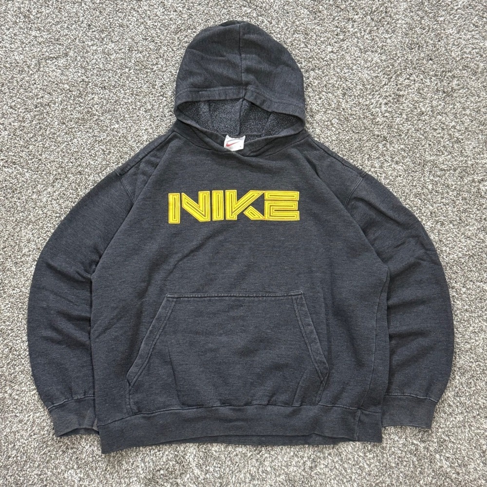 Vintage‎ 90s Nike Hoodie Sweatshirt Mens L Charcoal Grey Yellow Logo Pullover